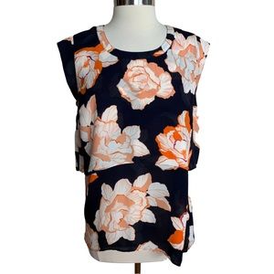 CAbi Navy Orange Floral Blouse Sleeveless Size Medium